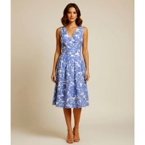 Lauren Ralph Lauren 100% Linen Floral Midi Dress Pleated 4 Faux Wrap Coastal